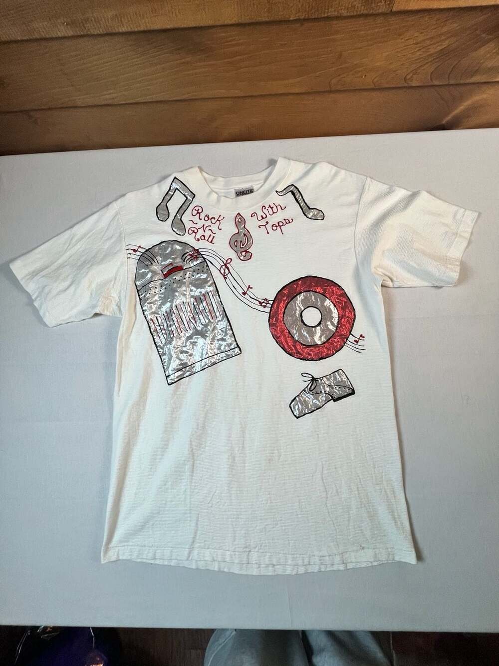 90s Oneita Rock N Roll With Tops Painted Graphic T-Shirt Large White Cotton